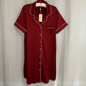 EKOUAER L Burgundy White Notch Collar Button Front Pajama Sleep Short Sl Shirt